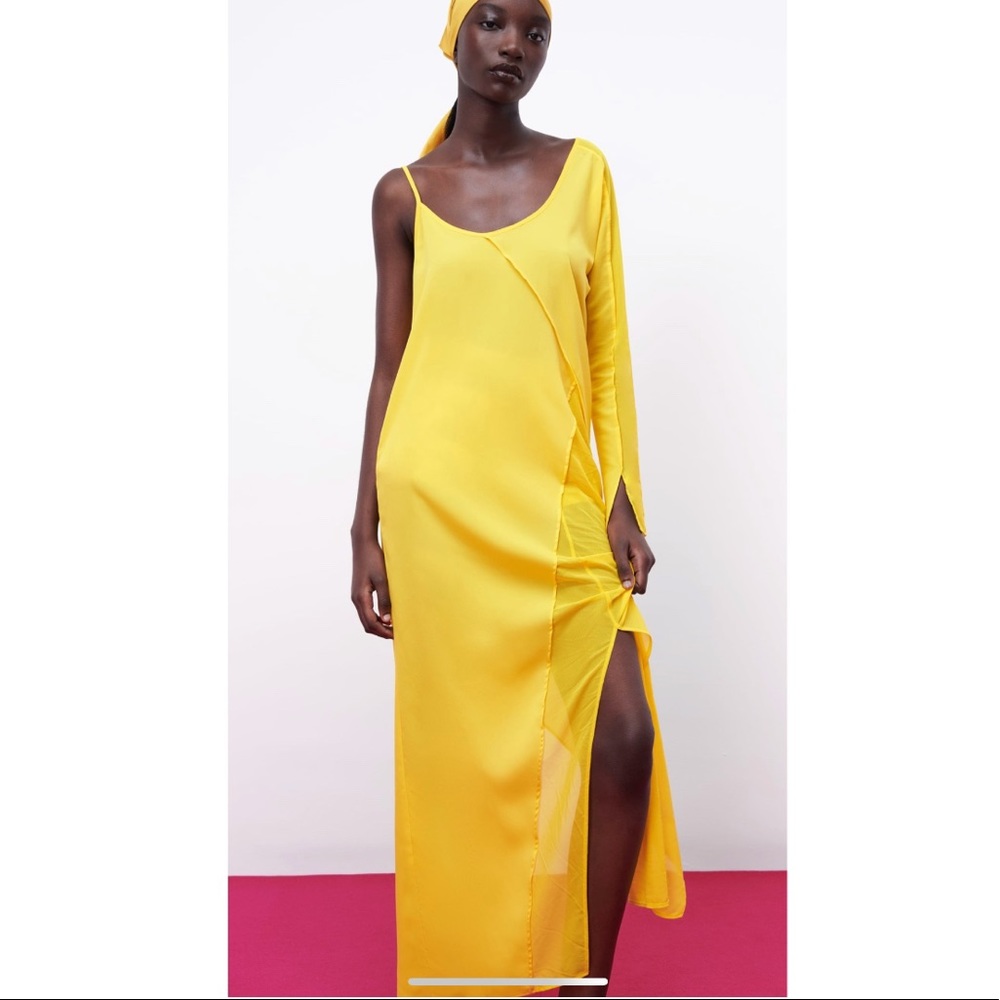 Zara asymmetric gauze flowy yellow dress - Picture 5 of 15